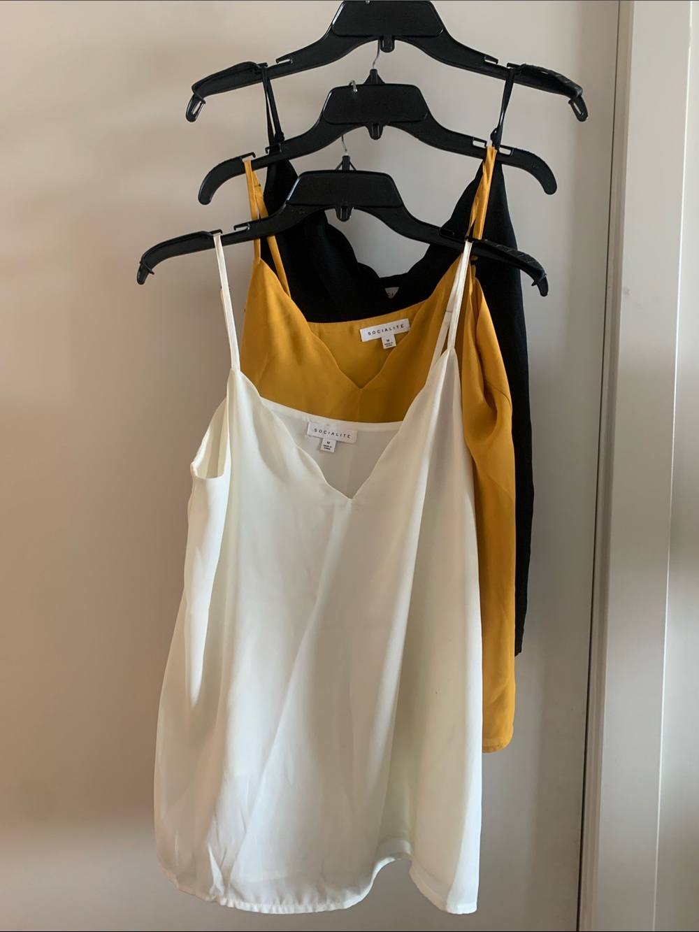 3 sets, Socialite Scallop Silk-Feel V-Neck Cami - White, Mustard, Black